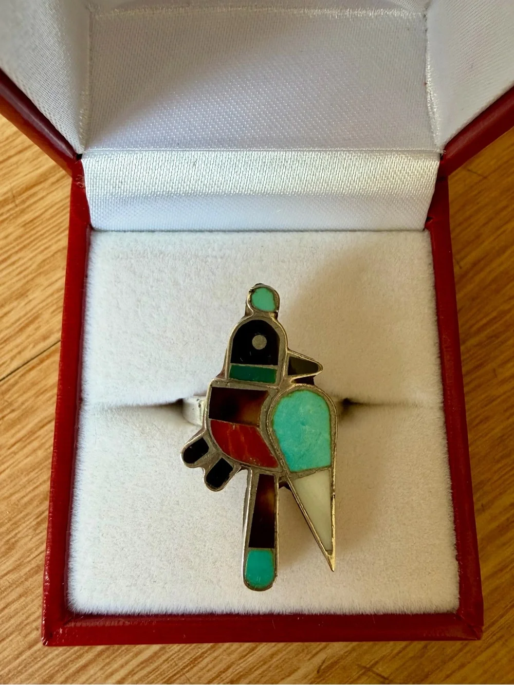 Vintage Native American Zuni Sterling Silver Turquoise Inlay Bird Ring Size 6